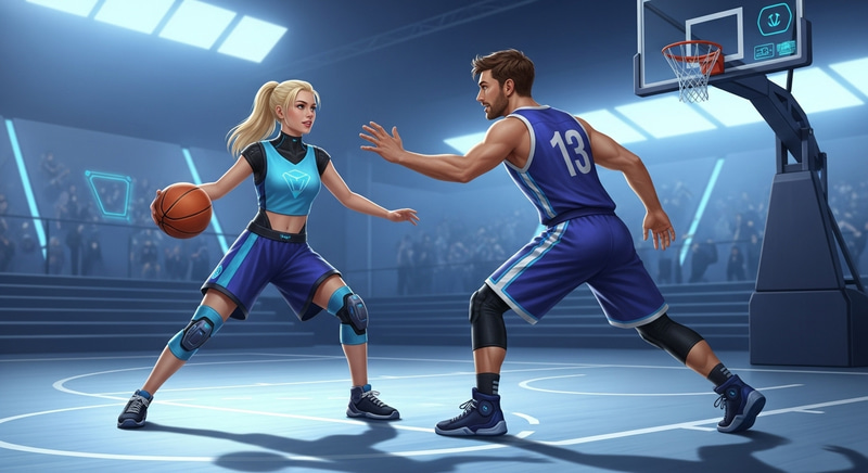 Futuristic Basketball Match: Energetic 20-Year-Old Woman vs 25-Year-Old Man Futuristic Basketball Match: Energetic 20-Year-Old Woman vs 25-Year-Old Man