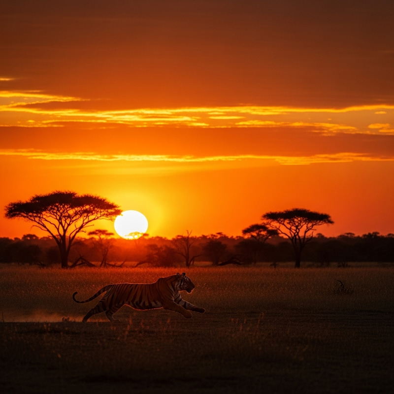 Raw Power of Nature: Vibrant Sunset in Savannah with Intense Tiger Sprint