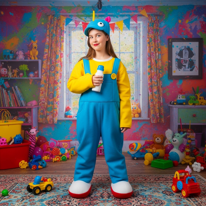 Playful Teen in Oversized Outfit with Toys Playful Teen in Oversized Outfit with Toys