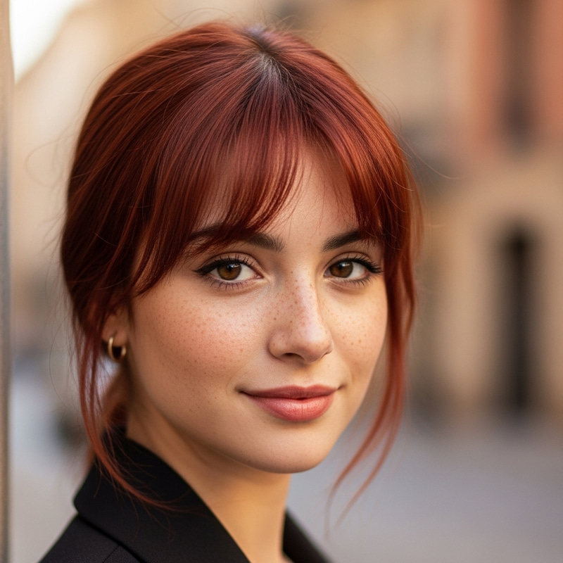 20-Year-Old Red-Haired Spanish Woman with Korean-Style Bangs