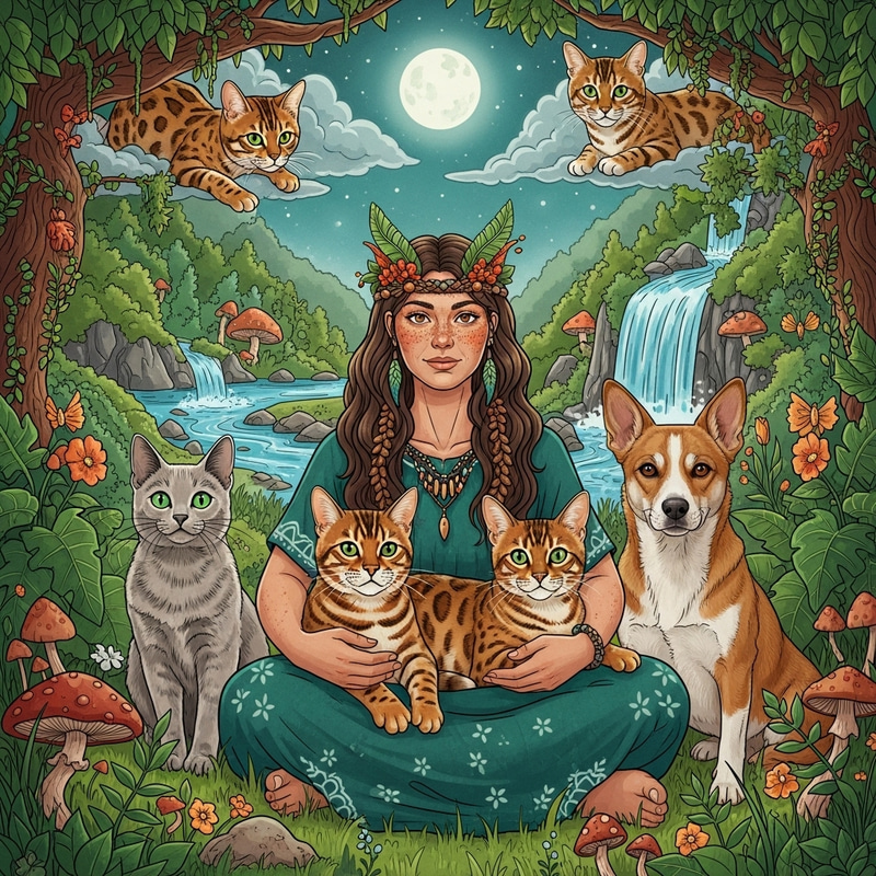 Golden Bengal Cat and Shaman Woman in Enchanted Green Scene Golden Bengal Cat and Shaman Woman in Enchanted Green Scene