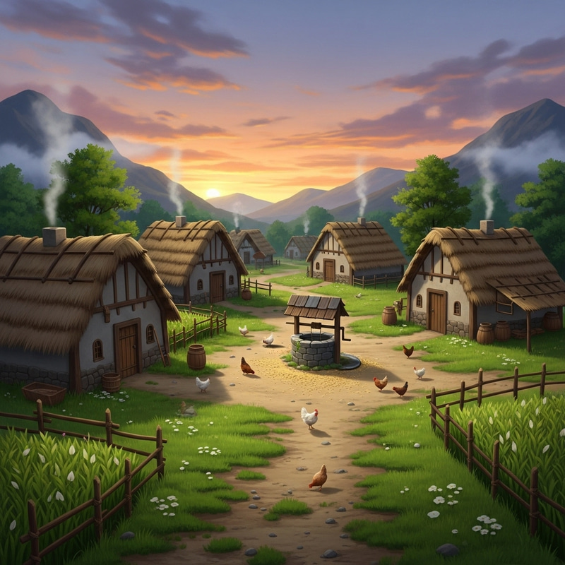 Tranquil Village Scene | Peaceful Village with Thatched Huts & Chickens Tranquil Village Scene | Peaceful Village with Thatched Huts & Chickens