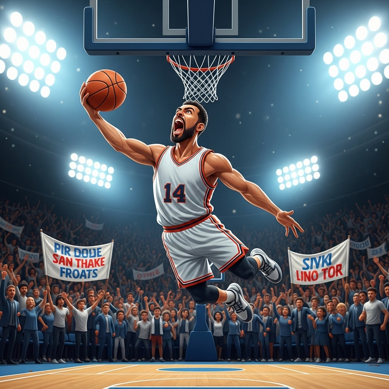 Cartoon Style Basketball Player Goes for Slam Dunk in Spectator-Filled Court Cartoon Style Basketball Player Goes for Slam Dunk in Spectator-Filled Court