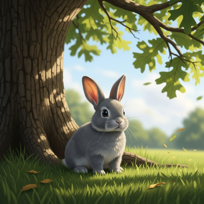 Adorable Gray Bunny Relaxing Under Oak Tree