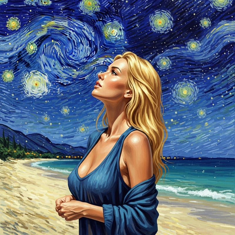 Van Gogh Style Tropical Beach with Stunning Blonde Woman
