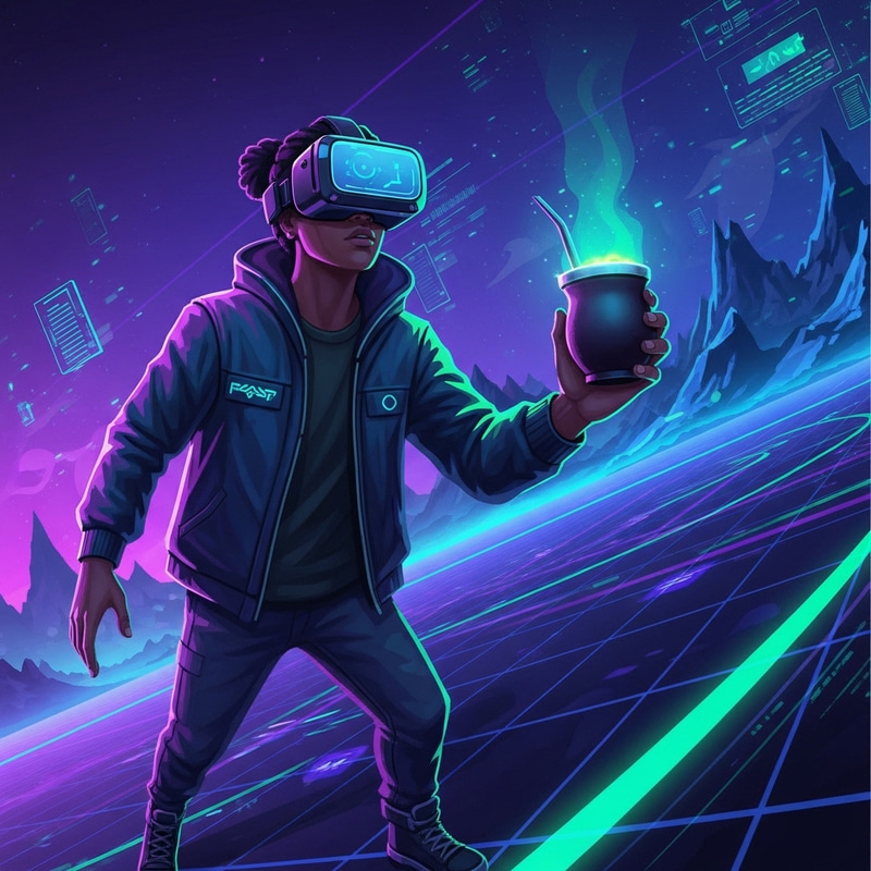Immersive Cyberpunk Virtual Reality Scene with Neon Yerba Mate Cup Immersive Cyberpunk Virtual Reality Scene with Neon Yerba Mate Cup