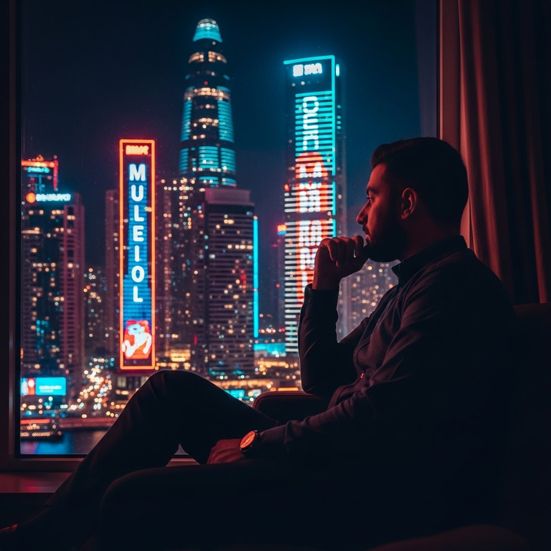 Man In Deep Thought By Neon Skyscrapers