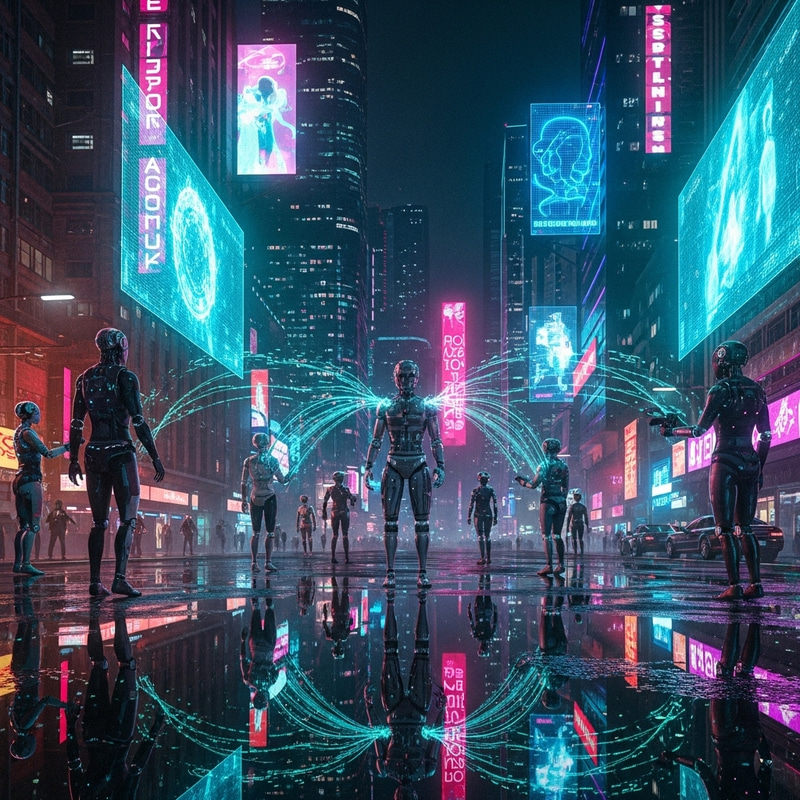 Futuristic Cyberpunk Cityscape - Federated Learning Data Exchange