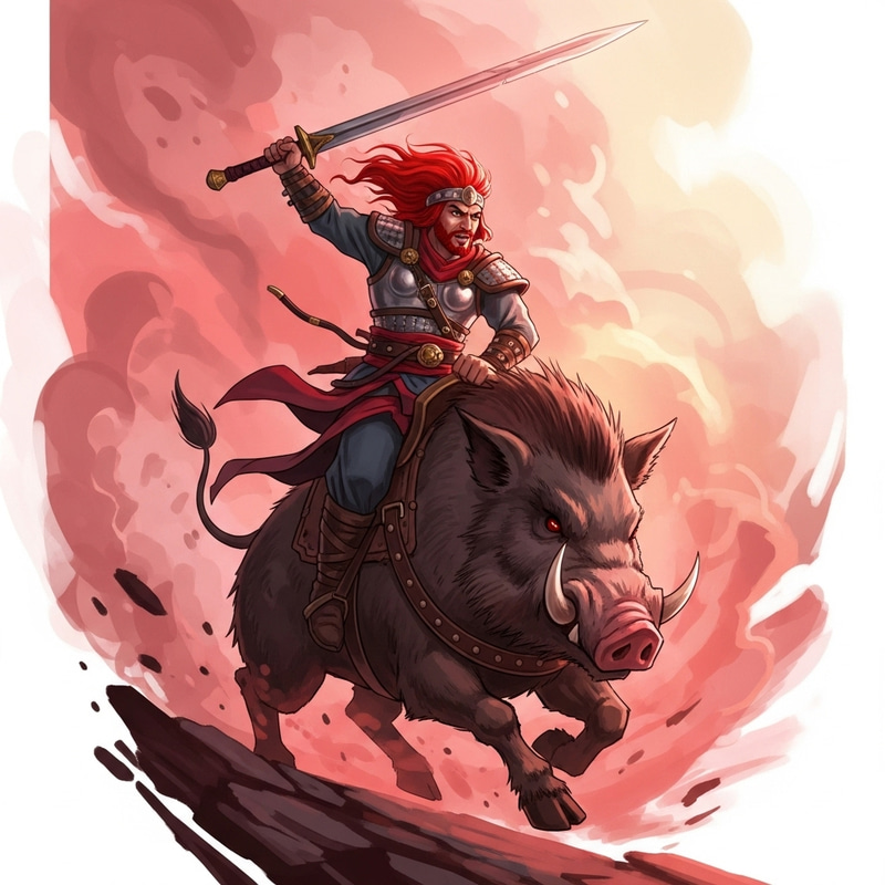 Intense Red-Haired Warrior on Charging Boar in Dynamic Comic Style