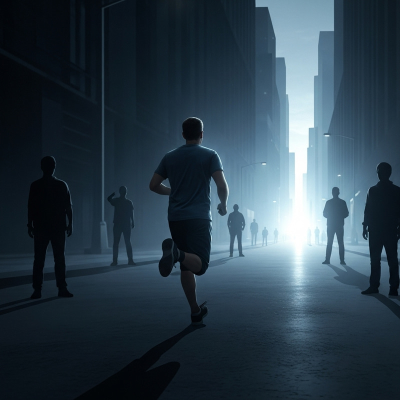 Man Running Through Dark City to Glowing Light