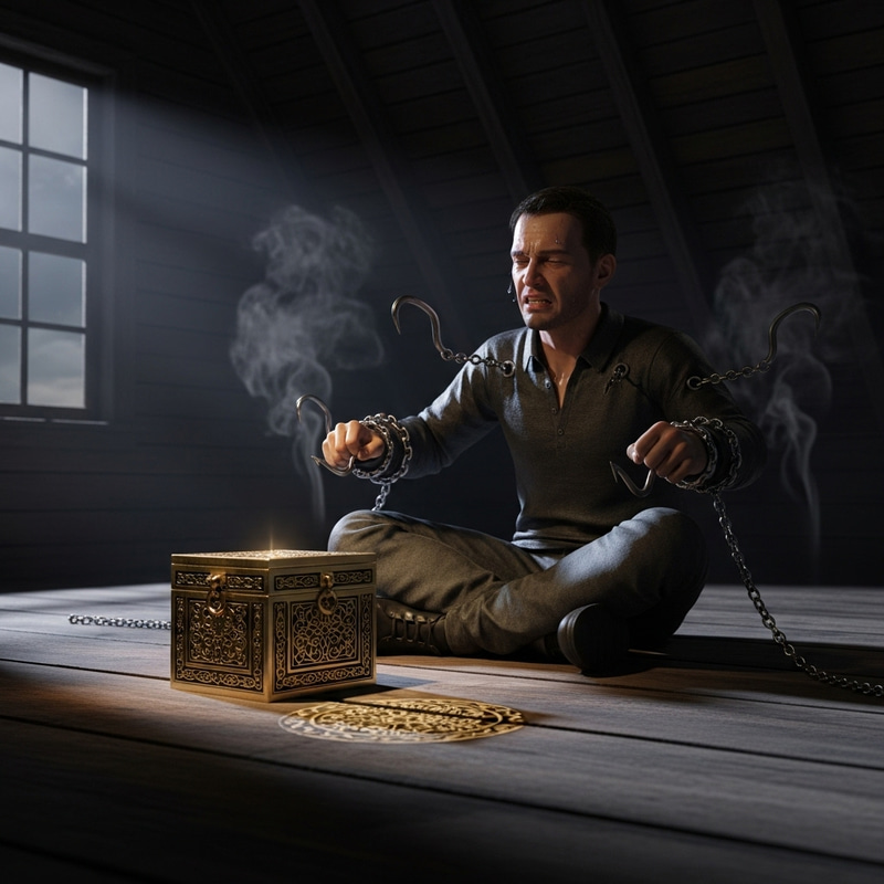 Eerie 3D Moonlit Attic Scene: Brass Puzzle Box and Chained Man Capture.