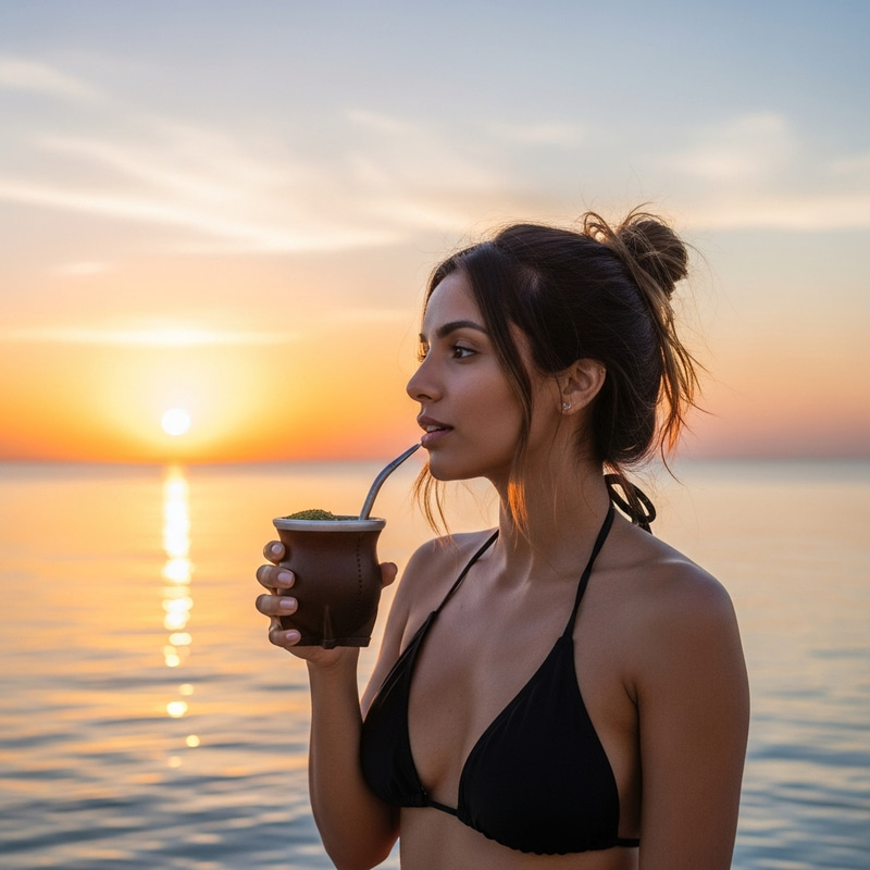 Woman in Bikini Drinking Yerba Mate with Ocean Sunset View Woman in Bikini Drinking Yerba Mate with Ocean Sunset View