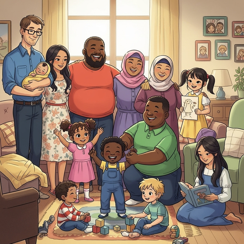 Diverse Family Illustration: Adult Male, Female, Children in Various Ethnicities