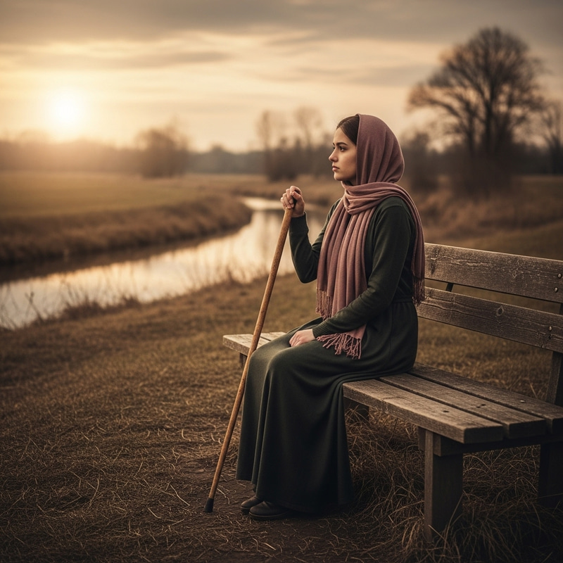 Veiled Girl with Arthritis in a Sad Countryside
