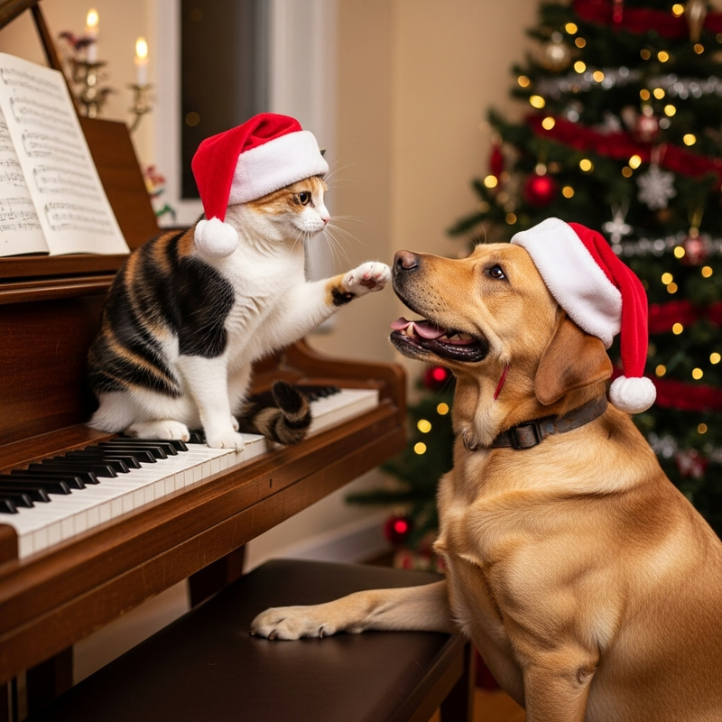 Happy Tricolor Cat and Labrador Dog Playing Piano in Christmas Hats
