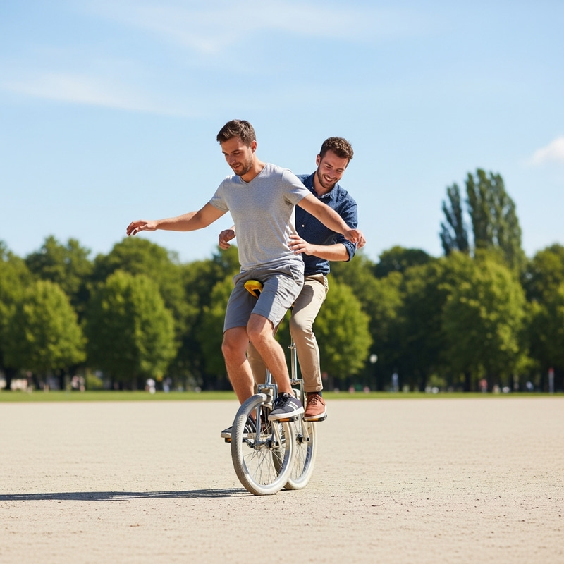 Two Men Balancing on a Monocycle in the Park
