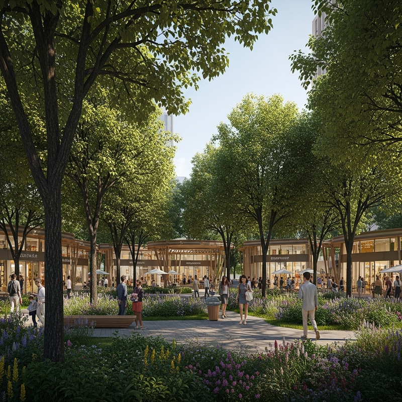 Realistic 4k Rendering of Eco Park with Trees and Commercial Area Realistic 4k Rendering of Eco Park with Trees and Commercial Area