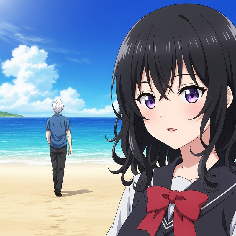 Anime Girl with Violet Eyes at the Beach Anime Girl with Violet Eyes at the Beach