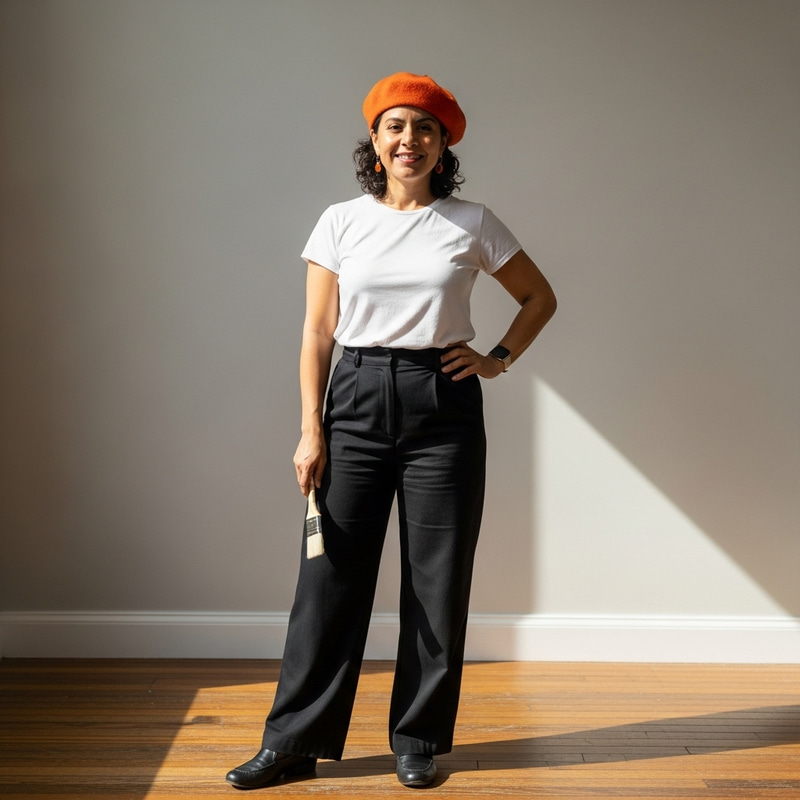 Confident Hispanic Woman in Orange Beret and White T-shirt Confident Hispanic Woman in Orange Beret and White T-shirt