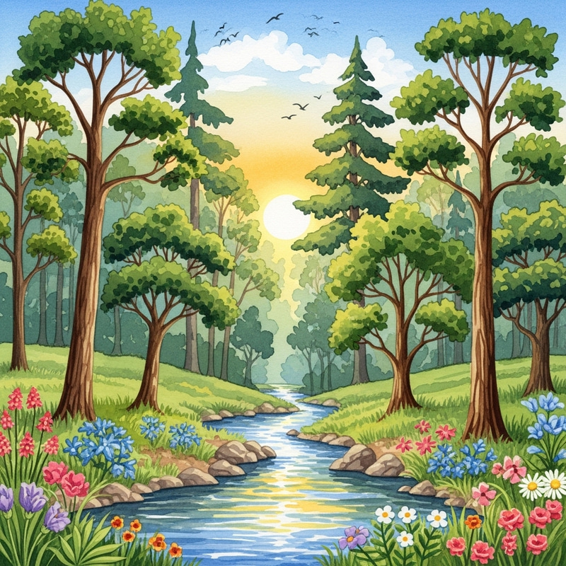 Nature Watercolor: Lush Forest & Sparkling Stream Artwork Nature Watercolor: Lush Forest & Sparkling Stream Artwork
