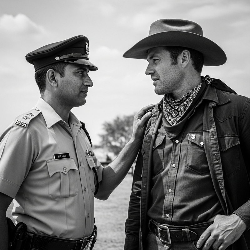 Timeless Contrast: Police Officer & Cowboy in Black and White