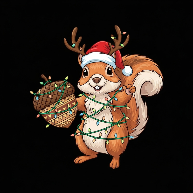 Cartoon Squirrel with Santa Hat & Acorn in Christmas Lights Cartoon Squirrel with Santa Hat & Acorn in Christmas Lights