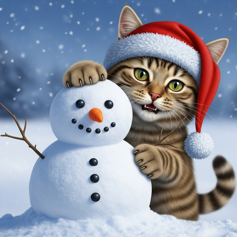 Sneaky Cat with Snowman - Winter Photorealism Image