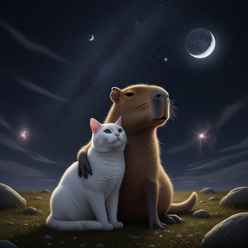 Gazing at Starry Night Sky: White Cat and Capybara's Love Gazing at Starry Night Sky: White Cat and Capybara's Love