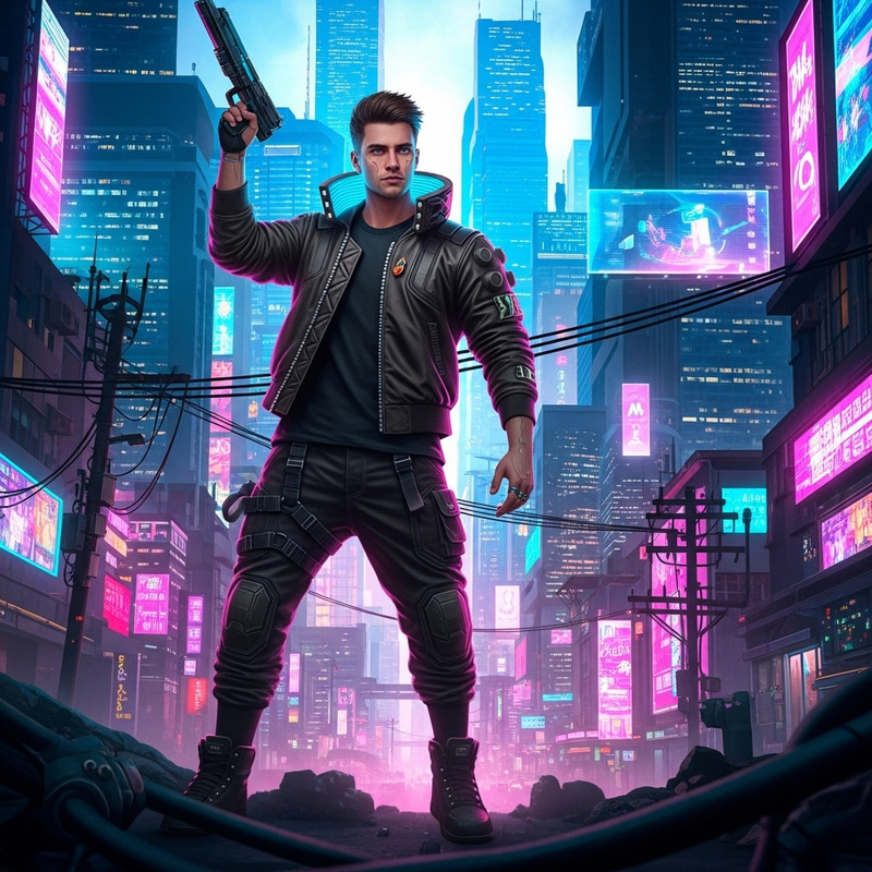 Vibrant Cyberpunk Cityscape: Man in Neon-lit Futuristic Scene Vibrant Cyberpunk Cityscape: Man in Neon-lit Futuristic Scene