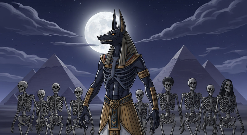 Anubis Transformed: Skeletal Visage, Moonlit Pyramids & Army of Skeletons