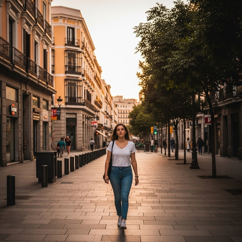 Exploring Madrid at 19: Solo Woman in Vibrant City Streets Exploring Madrid at 19: Solo Woman in Vibrant City Streets