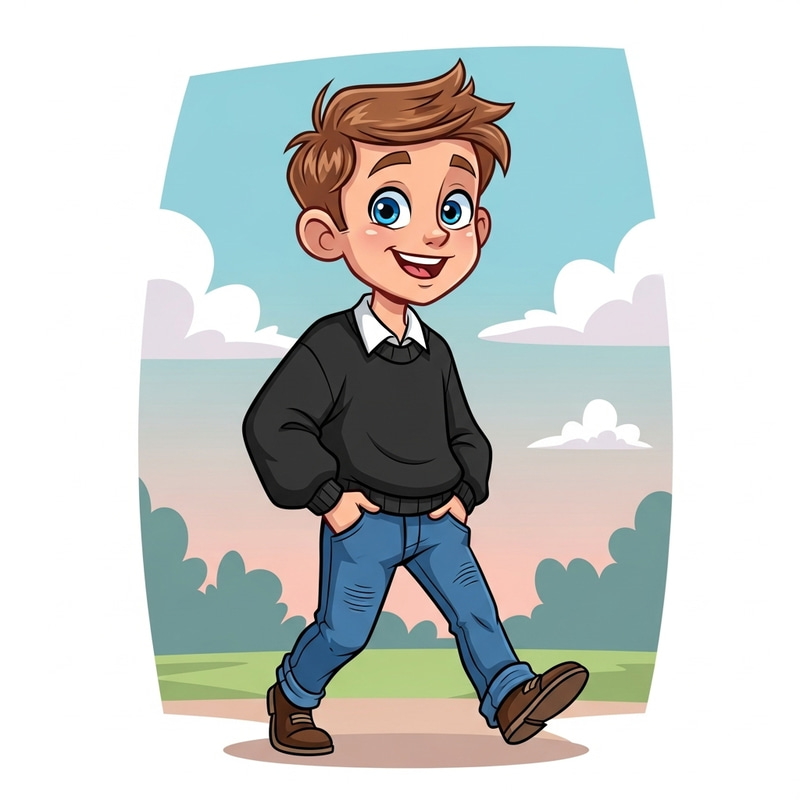 Cute Blond Boy with Blue Eyes, Black Sweater, and Cartoon Denim Pants Cute Blond Boy with Blue Eyes, Black Sweater, and Cartoon Denim Pants