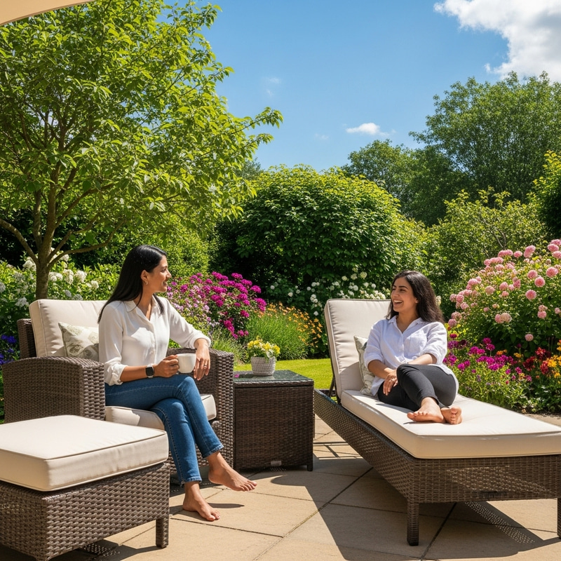 Serene Outdoor Living Space: Friendly Conversation in Vibrant Garden