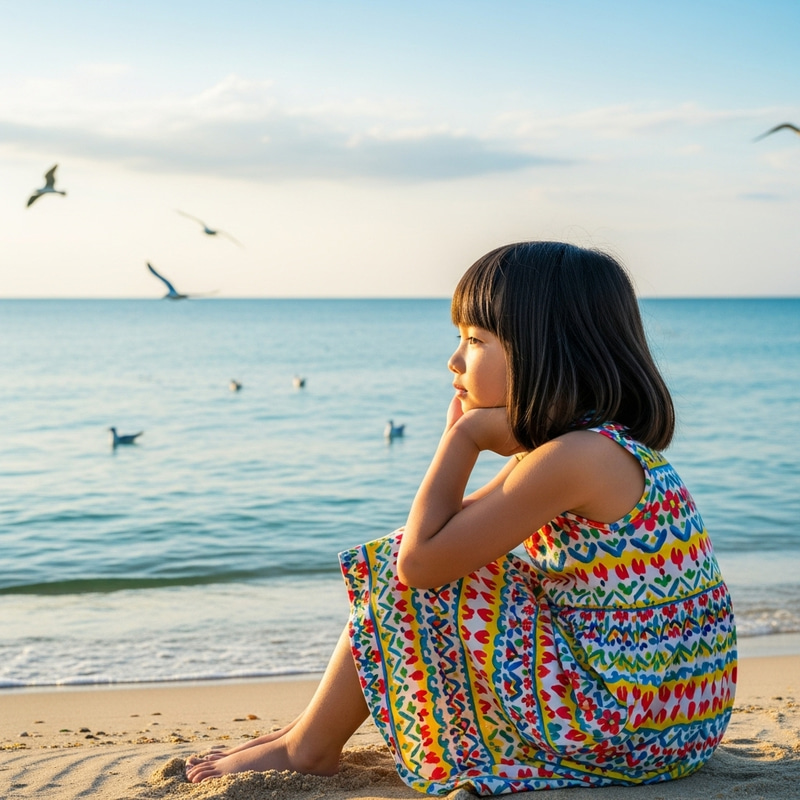 Tranquil Beach Scene: Serene East Asian Girl by Turquoise Sea Tranquil Beach Scene: Serene East Asian Girl by Turquoise Sea