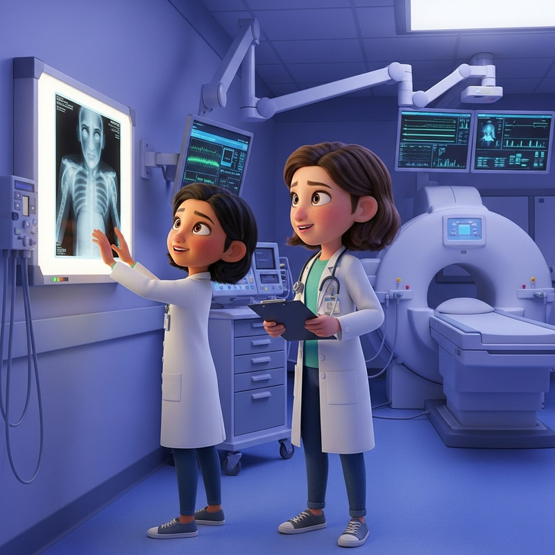 Diverse Young Girls in Doctor Lab Coats at Radiology Clinic - Heartwarming Scene