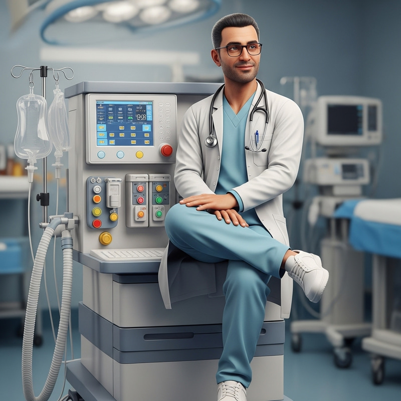 3D Illustration Middle-Eastern Man Glasses Sitting on Anesthesia Machine with Doctor Clothing and Stethoscope