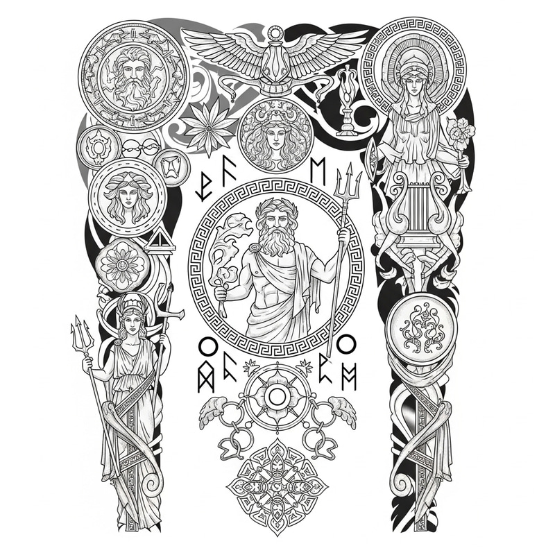 Mythological Tattoo Design with Olympian Gods and Runes Mythological Tattoo Design with Olympian Gods and Runes