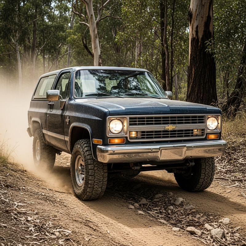 Dark Blue Chevrolet Blazer Samba Off-Roading in Woodland Terrain