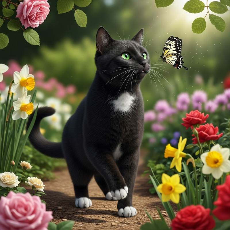 Black Domestic Shorthair Cat in Serene Garden
