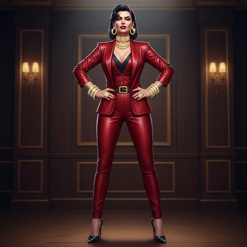 Malevolent Opulence: Wealthy White Woman in Red Leather Outfit