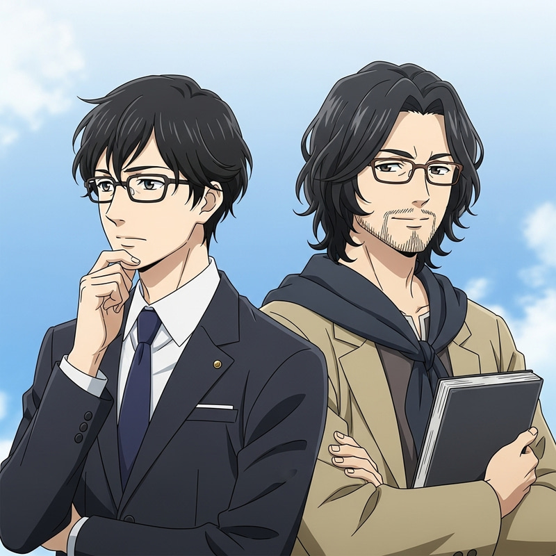 Anime Illustration: Scholarly Man in Glasses and Genious Hippie Look Anime Illustration: Scholarly Man in Glasses and Genious Hippie Look