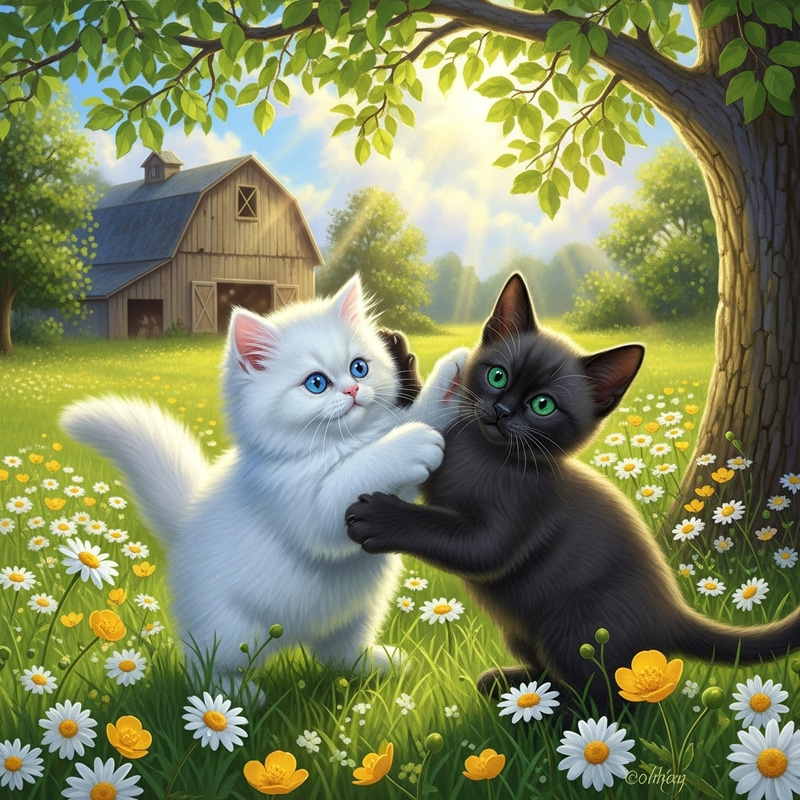 Playful White Persian and Black Siamese Cats in Sunny Meadow Playful White Persian and Black Siamese Cats in Sunny Meadow