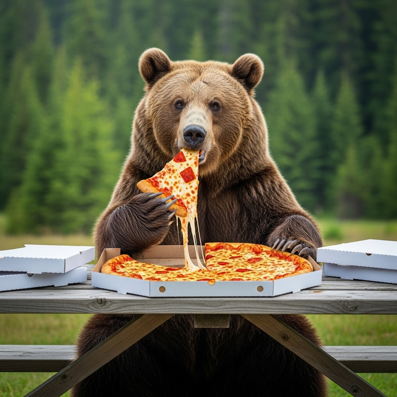 Pizza Eating Animal: A Brown Bear Indulging in a Feast Pizza Eating Animal: A Brown Bear Indulging in a Feast