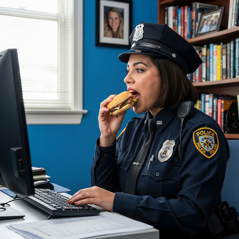Female Officer Working on Computer with Burger in Blue Room Female Officer Working on Computer with Burger in Blue Room