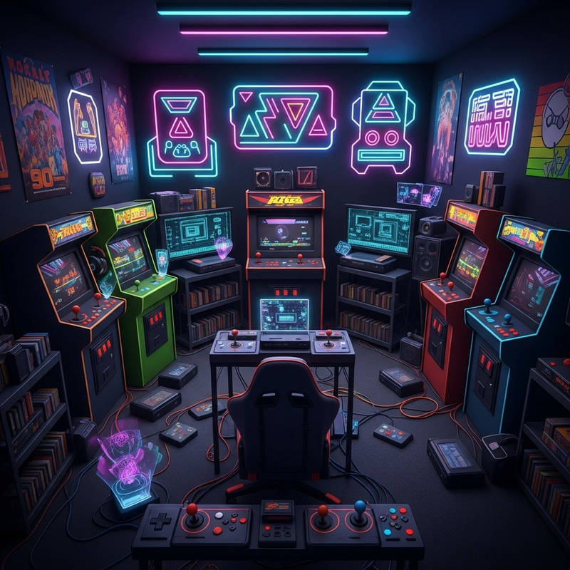 90's Retro Gamer Room: Dystopian Cyberpunk Style with RGB Accents 90's Retro Gamer Room: Dystopian Cyberpunk Style with RGB Accents