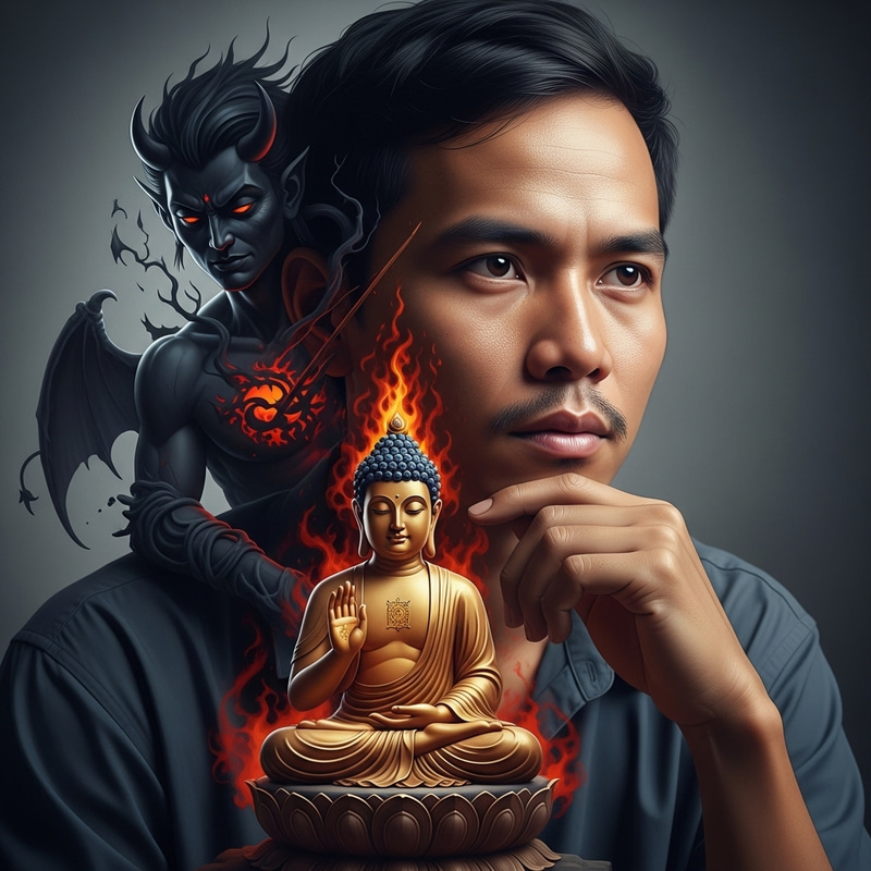 Realistic Portrait of Vietnamese Man Contemplating Buddha and Devil Realistic Portrait of Vietnamese Man Contemplating Buddha and Devil