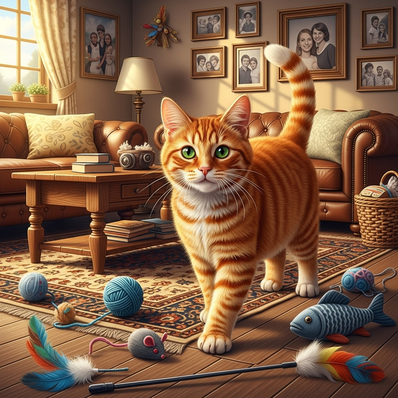 Cute Playful Cat Illustration in Cozy Living Room Cute Playful Cat Illustration in Cozy Living Room