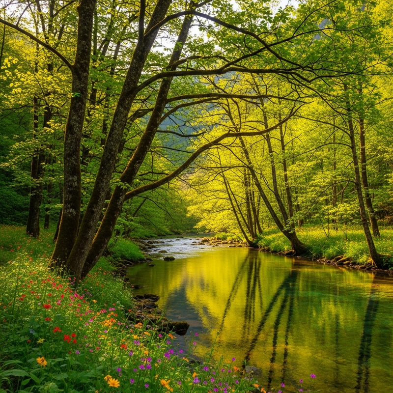 Enchanting Forest Scene: Towering Trees, Crystal River, Wildflowers