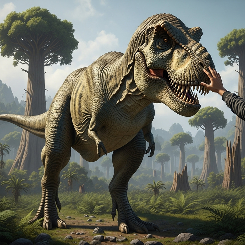 Tyrannosaurus Rex Receiving a Gentle Pet in Lush Prehistoric Scene