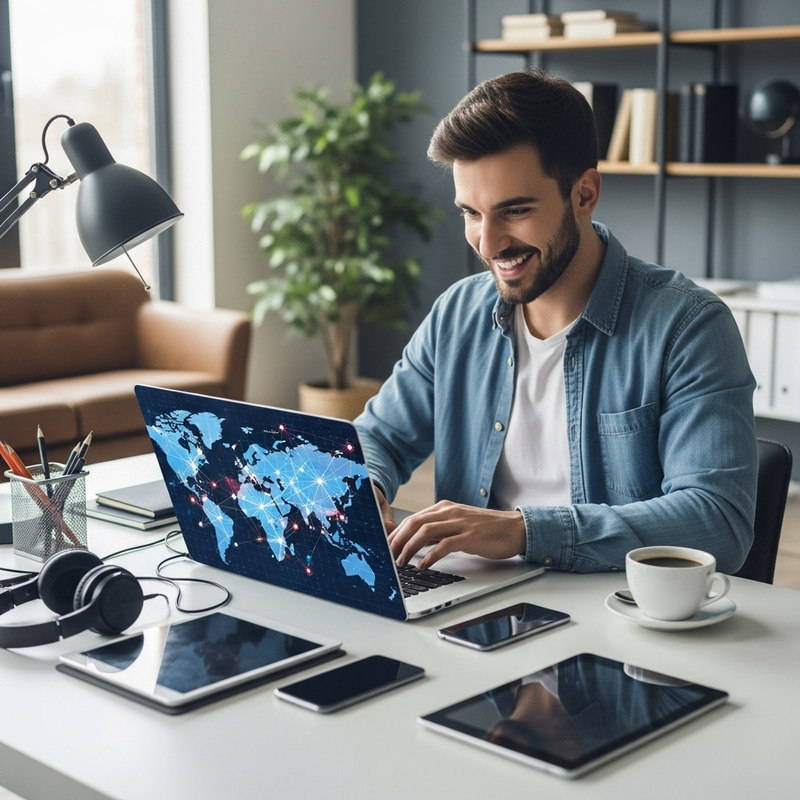 Ambitious Young Man with Internet Device